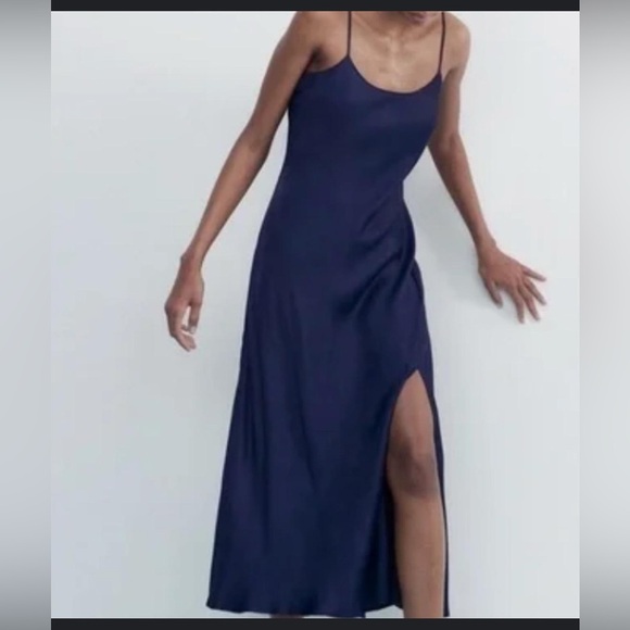 Zara Dresses & Skirts - Zara satin Effect Slip Dress Side Slip in Navy , size Small